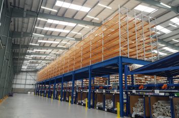 Industrial mezzanine floor above factory machinery